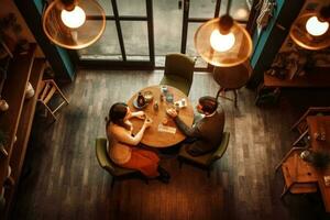 Man and woman on having breakfast in the morning in cafe, top view. Generative AI photo