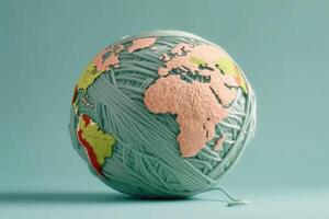 Soft Earth globe made of ball of yarn on pastel green background. photo