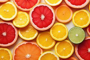 Fresh slices of different types of citrus orange, lime, lemon, grapefruit. photo