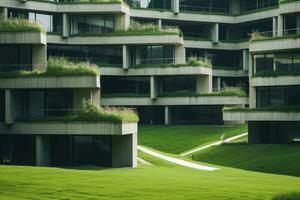 moderno arquitectura. edificio con un herboso elementos. un ecológico pueblo concepto. generativo ai foto
