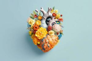 Human heart made of colorful wild flowers on pastel color background. Generative AI photo