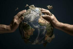 Hands crush the earth globe. Environmental issues. Destroying the Earth. Generative AI photo