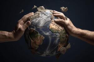 Hands crush the earth globe. Environmental issues. Destroying the Earth. photo