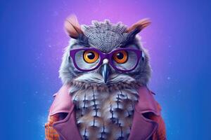 Portrait of intelligent owl wearing a pair of glasses and a tie. Bright colors. Generative AI photo