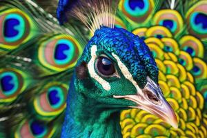 Peacock with open tail. Close up shot of a peacocks colorful plumage. Generative AI photo