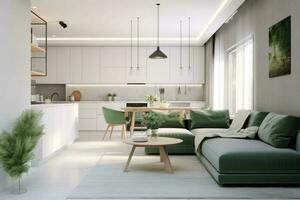 Interior design of the kitchen and living room. Calm minimalist style. Generative AI photo