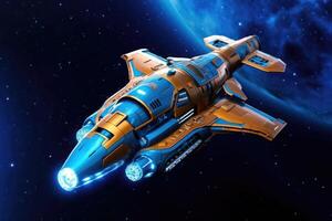 A futuristic intergalactic spaceship on the background of a blue planet. photo