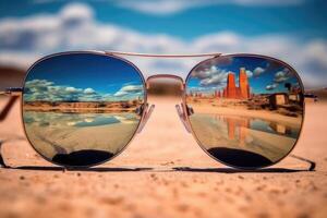 Reflection in the sunglasses shows sea beach. Summer concept. Generative AI photo