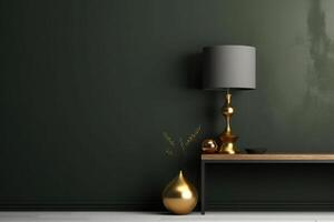 Minimalistic design scandinavian interior with khaki wall. A golden lamp and table. photo