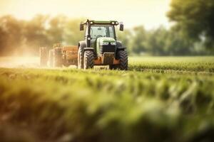 Tractor fertilizing a field. Future technology with agriculture farming concept. Generative AI photo