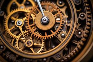 Gears and cogs mechanism. Clockwork of a watch with jewels Industrial machinery. photo