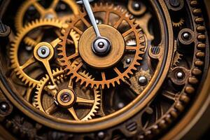 Gears and cogs mechanism. Clockwork of a watch with jewels Industrial machinery. Generative AI photo