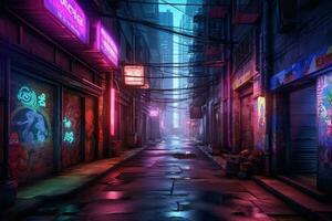 City alleyway with neon lights. Night view of a quiet street. Generative AI photo