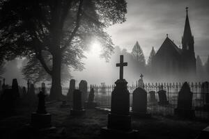 An early mist covering an grave yard with gravestones. The headstones in the foreground. Generative AI photo