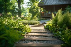 Wooden path in garden leading to cottage. Generative AI photo