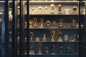 Trophy display case shelf made of glass and wood full of gold and silver trophies. photo