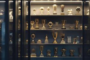 Trophy display case shelf made of glass and wood full of gold and silver trophies. Generative AI photo