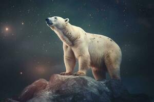 A white bear stands on a snowy mountain top. Animal portrait. Generative AI photo