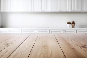 Empty wooden table and blurred white kitchen wall background. Generative AI photo