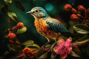 Colored tropical bird and beautiful surreal flowers. Generative AI photo