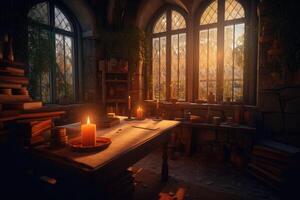 The interior of an old ancient room with books, candles and mysterious objects. photo