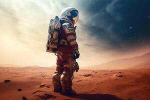 The astronaut in space suit walking on planet. Exploration of the planet's surface. photo