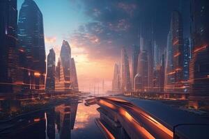 The futuristic city of the future on the alien planet with skyscrapers. photo