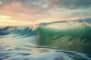 Sea waves on the beach in the morning. Beautiful seascape in pastel colors. Generative AI photo