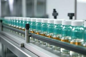 Pharmaceutical manufacture background with glass bottles on automatic conveyor line. Generative AI photo