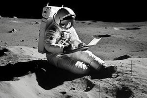 An astronaut reads a book on the moon. Generative AI photo