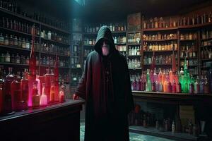 Anonymous tall man under a cloak in the mystical potion shop. Generative AI photo