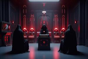 A secret society dressed in robes perform a ceremony in a sinister complex. photo