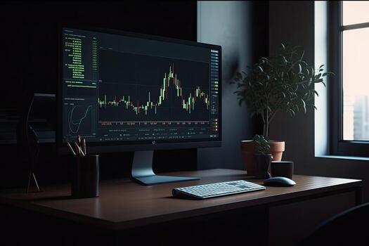 computadora monitor con cripto cartas en el escritorio, selectivo enfocar. generativo ai foto