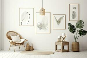 Frames in home interior. Room in boho style with natural wooden furniture and plants. Generative AI photo