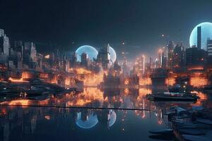 The futuristic city of the future on the alien planet with skyscrapers. Generative AI photo