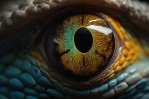 Close up of colourful lizard eye. A macro of a reptile multi colored eye. Generative AI photo