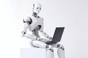 The robot works with a laptop in the office. illustration photo