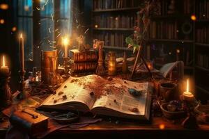 Old magic book in ancient room. Fantasy, nature or learning concept. Generative AI photo