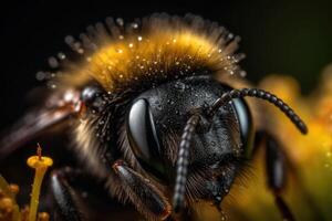 The bee with the pollen on its head and legs. A striking macro shot. Generative AI photo