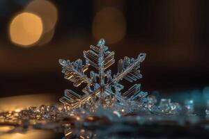 Closeup macro shot of a transparent snowflake. Generative AI photo