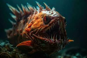 Deep water fish at the bottom of the ocean. A scary fish with big teeth. Generative AI photo