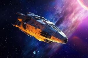 A spaceship fly around the moon. A nebula on the background in bright neon colors. photo