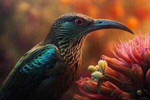 Colored tropical bird and beautiful surreal flowers. Generative AI photo