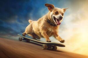 Dog riding very fast with speed a skateboard as skater. photo