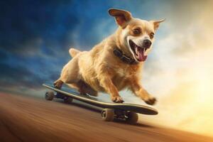 Dog riding very fast with speed a skateboard as skater. Generative AI photo