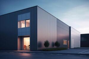 Exterior of a warehouse with an office unit. Large industrial or commercial buildings. Generative AI photo