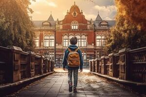 Walking child and school entrance, back view. Pupil go study with backpack. Generative AI photo