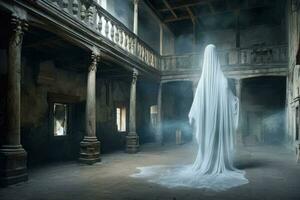 A ghost with a spectral form in an old castle. Generative AI photo