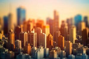 Tilt shift blur effect. Abstract futuristic cityscape with modern skyscrapers. Generative AI photo