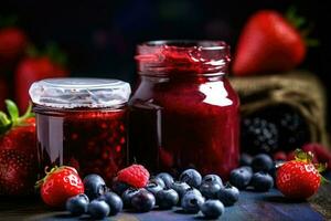 Jar of wild berry jam and fresh berries. Generative AI photo